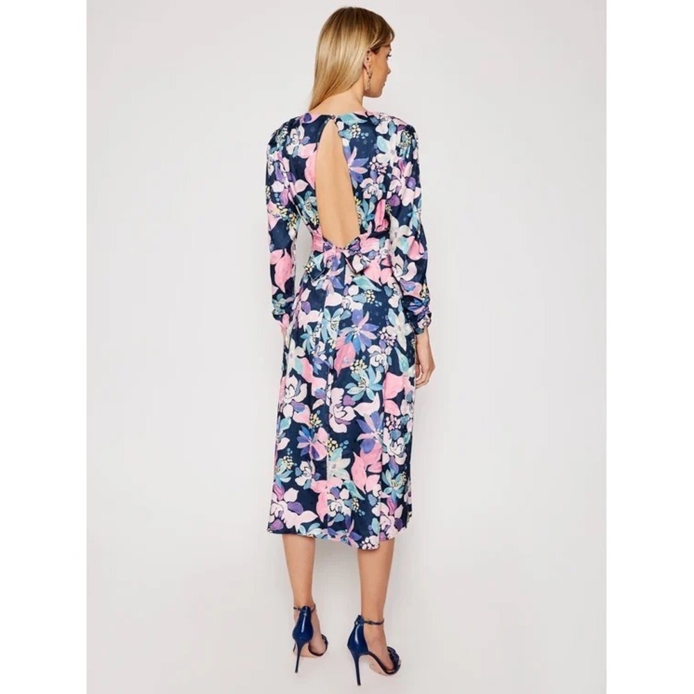 NWT For Love & Lemons Victoria Satin Floral Midi Dress Navy Pink Long Sleeve M - Picture 2 of 13
